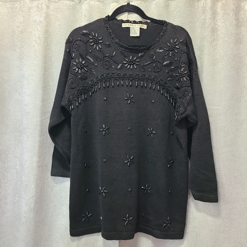 Vtg Victoria Jones Embellished Beaded Pullover Vintage Sweater‎ RAMIE COTTON BLK